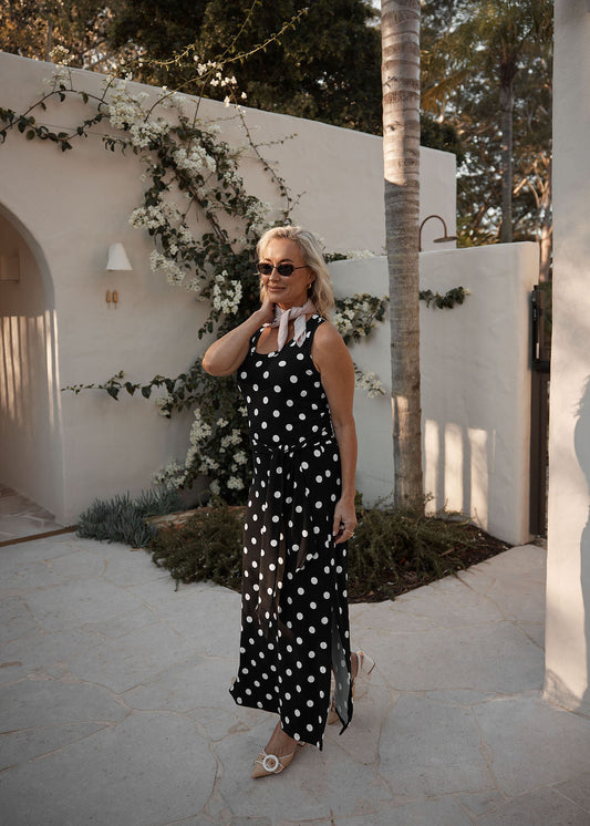 Image of Dresses. Product name - Macy Belted Bamboo Maxi Dress Polka Dot in Polka Dot colour by brand - Lou Lou