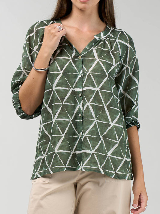 Image of a model wearing Tops. Product name - MADLY SWEETLY PRISM BLOUSE in Khaki colour by brand - Madly Sweetly