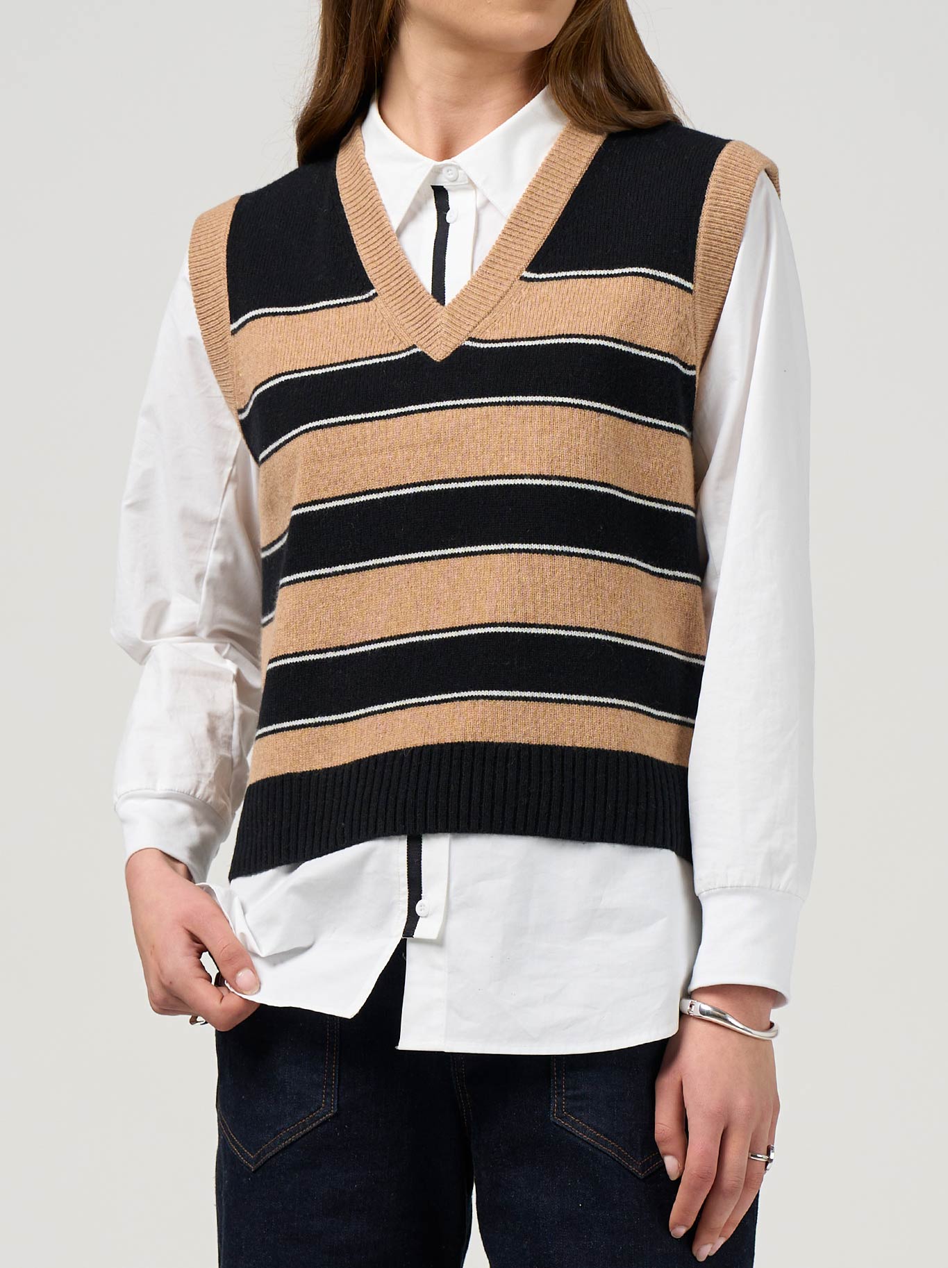 Image of Coats & Jackets. Productname: Madly Sweetly College Vest in Camel Black colour by brand - Madly Sweetly