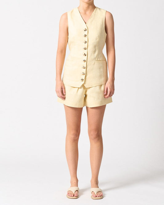Image of a model wearing Tops. Productname: Walnut Melbourne Malta Vest in Lemon colour by brand - Walnut Melbourne