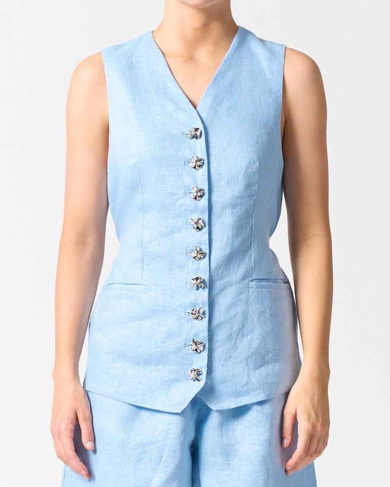Image of a model wearing Tops. Productname: Walnut Melbourne Malta Vest in Sky Blue colour by brand - Walnut Melbourne