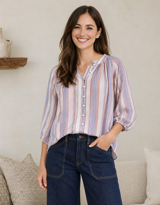 Image of Blouses. Product name - Malta Blouse Blue/Blush Stripe in Blue/Blush Stripe colour by brand - 132 Fashion