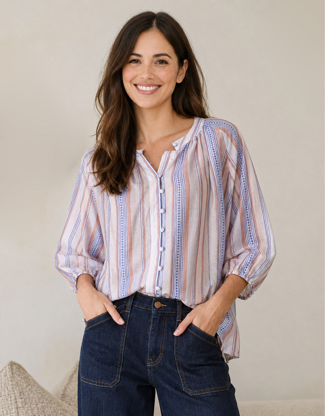 132 Fashion Malta Blouse (Blue/Blush Stripe)