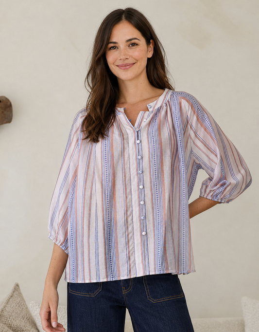 132 Fashion Malta Blouse (Blue/Blush Stripe)