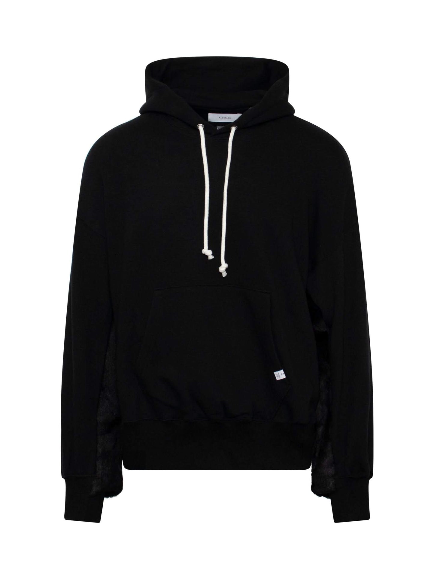Image of a model wearing Outerwear. Productname: FACETASM Faux Fur Hoodie in BLACK colour by brand - FACETASM