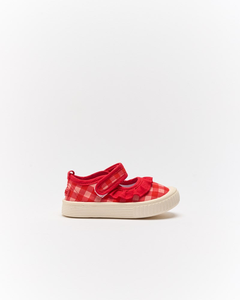 Image of Flats. Productname: Walnut Melbourne Mary Jane Frill Canvas in Pink Red Gingham colour by brand - Walnut Melbourne