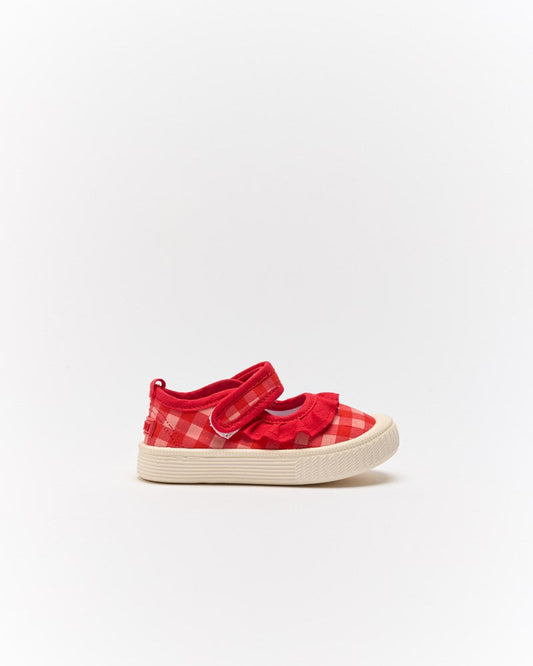 Image of Flats. Productname: Walnut Melbourne Mary Jane Frill Canvas in Pink Red Gingham colour by brand - Walnut Melbourne