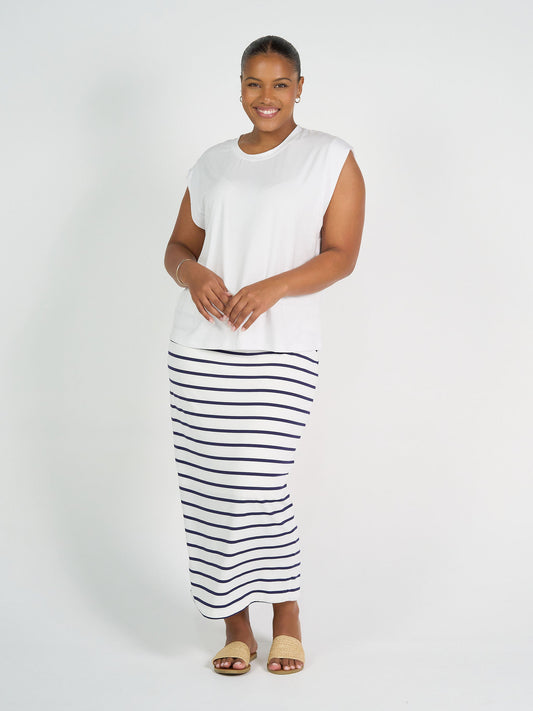 Image of a model wearing Skirts. Product name - Maxi Bamboo Whitney Tube Skirt Blue & White Stripe in Blue & White Stripe colour by brand - Lou Lou
