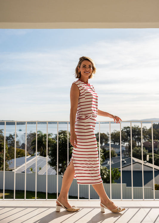 Image of a model wearing Skirts. Product name - Maxi Bamboo Whitney Tube Skirt Lipstick & White Stripe in Lipstick & White Stripe colour by brand - Lou Lou