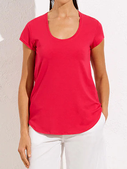 Image of a model wearing Tops. Productname: MELA PURDIE TRAVELLER T in Strawberry colour by brand - Mela Purdie