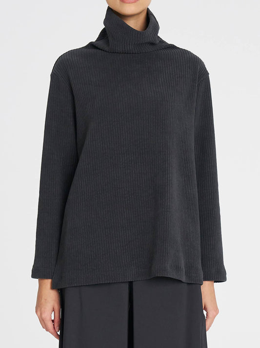 Image of a model wearing Outerwear. Productname: Mela Purdie Funnel Sweater in Phantom colour by brand - Mela Purdie