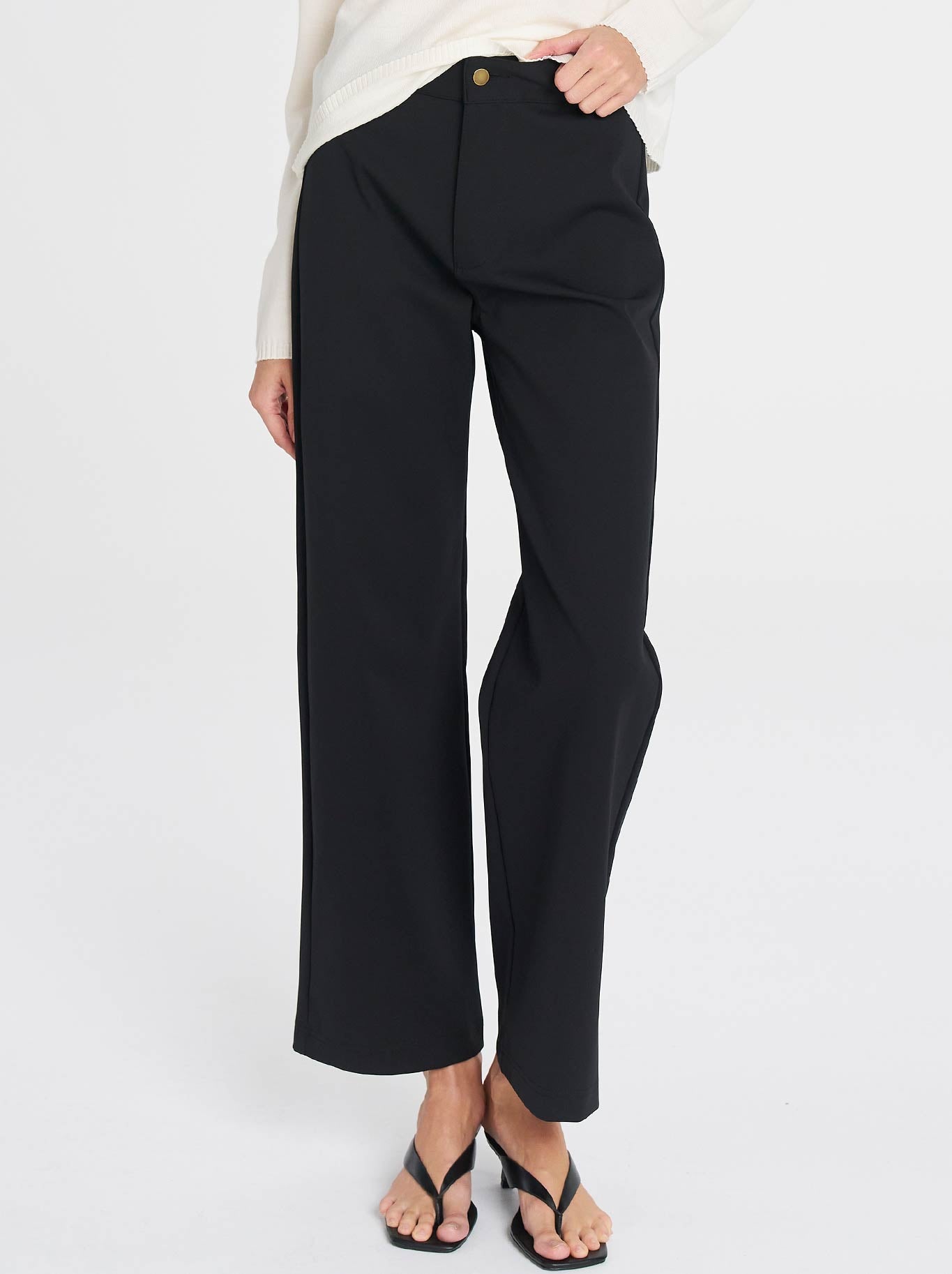 Image of a model wearing Pants. Productname: Mela Purdie Fly Front Pant in Black colour by brand - Mela Purdie