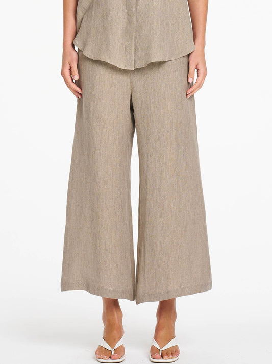 Image of a model wearing Pants. Product name - Mela Purdie Lino Pant in Stucco colour by brand - Mela Purdie
