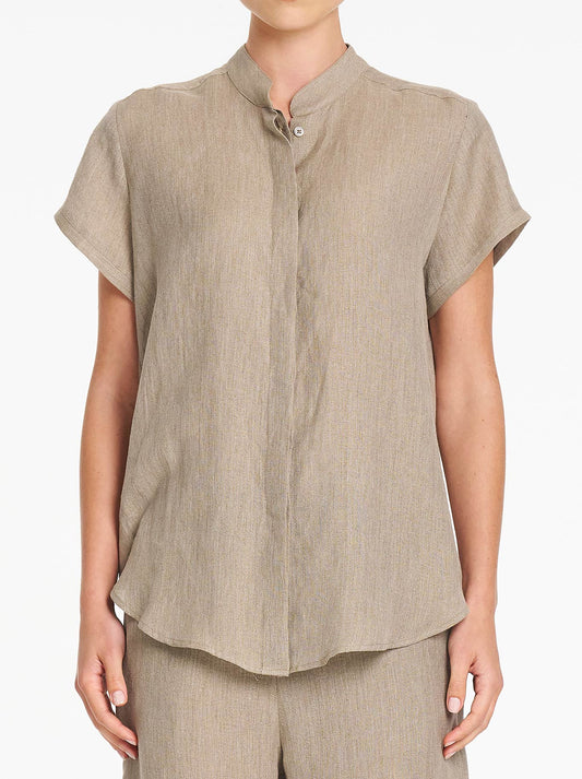Image of a model wearing Tops. Product name - Mela Purdie Stand Shirt in Stucco colour by brand - Mela Purdie