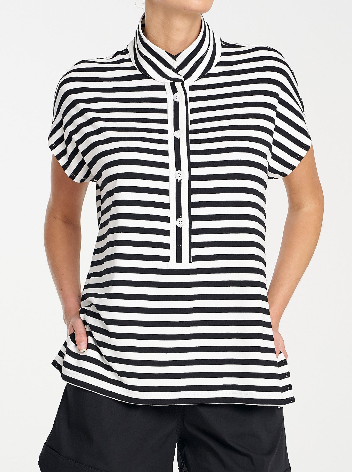 Image of a model wearing Tops. Productname: MELA PURDIE HENLEY TANK in Black White colour by brand - Mela Purdie