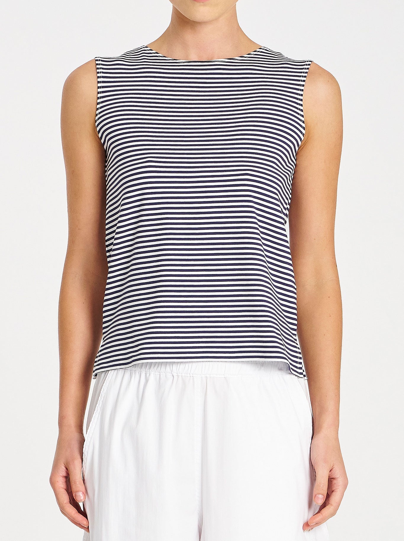 Image of a model wearing Tops. Productname: MELA PURDIE PALAZZO SHELL in Marine colour by brand - Mela Purdie