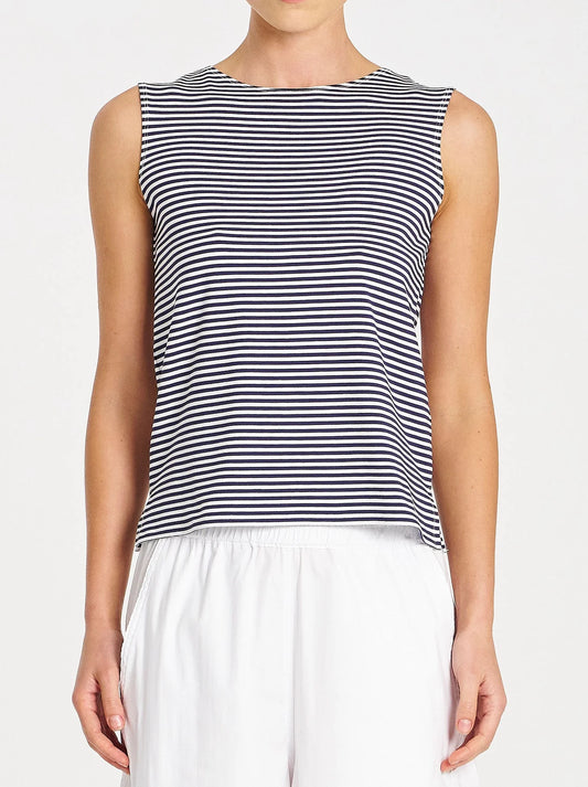 Image of a model wearing Tops. Product name - MELA PURDIE PALAZZO SHELL in Marine colour by brand - Mela Purdie