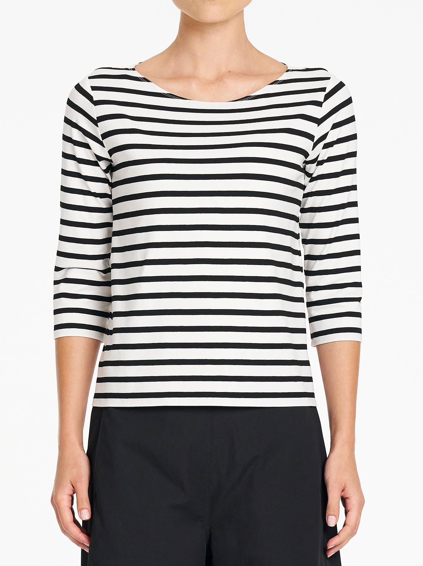 Image of a model wearing Tops. Product name - Mela Purdie Relaxed Boat Neck in White/Black colour by brand - Mela Purdie