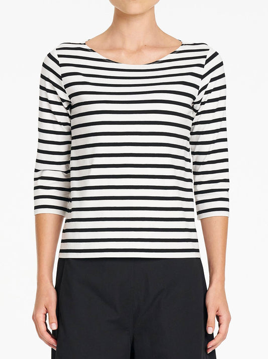 Image of a model wearing Tops. Product name - Mela Purdie Relaxed Boat Neck in White/Black colour by brand - Mela Purdie