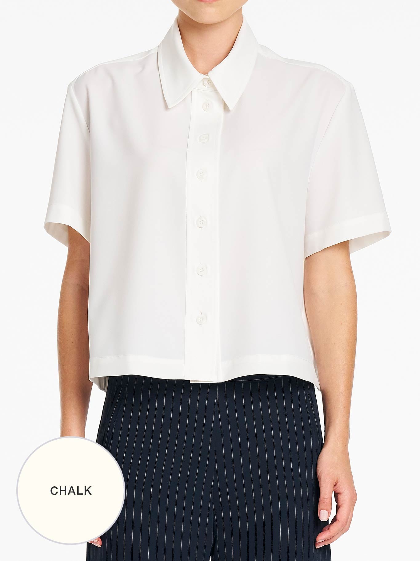 Image of a model wearing Tops. Product name - Mela Purdie Crop Shirt in Chalk colour by brand - Mela Purdie
