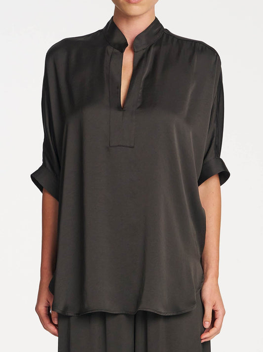 Image of a model wearing Tops. Product name - Mela Purdie Villa Tabbard in Mink colour by brand - Mela Purdie