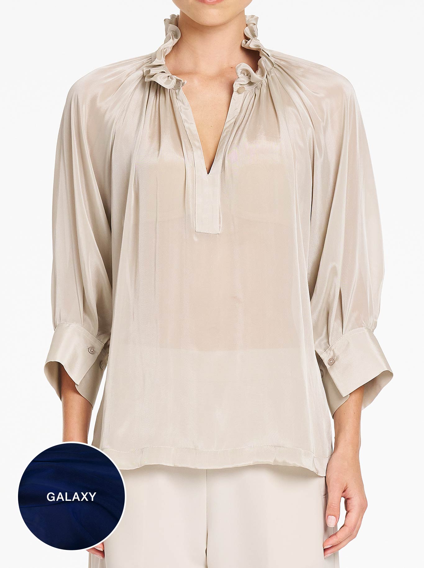Image of a model wearing Tops. Product name - Mela Purdie Roman Blouse in Galaxy colour by brand - Mela Purdie