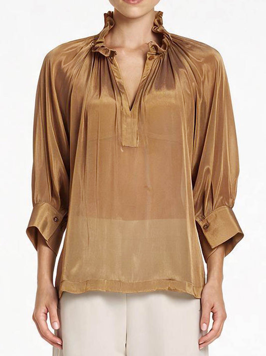 Image of a model wearing Tops. Product name - MELA PURDIE ROMAN BLOUSE in Syrup colour by brand - Mela Purdie