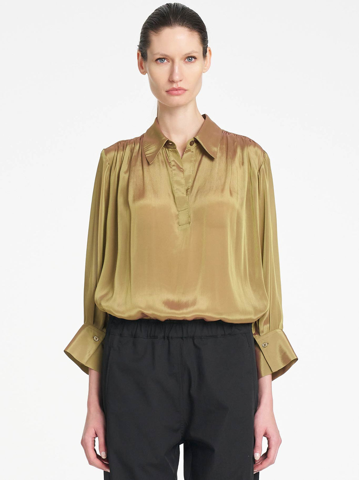 Image of a model wearing Tops. Product name - Mela Purdie Atrium Top in Molten colour by brand - Mela Purdie