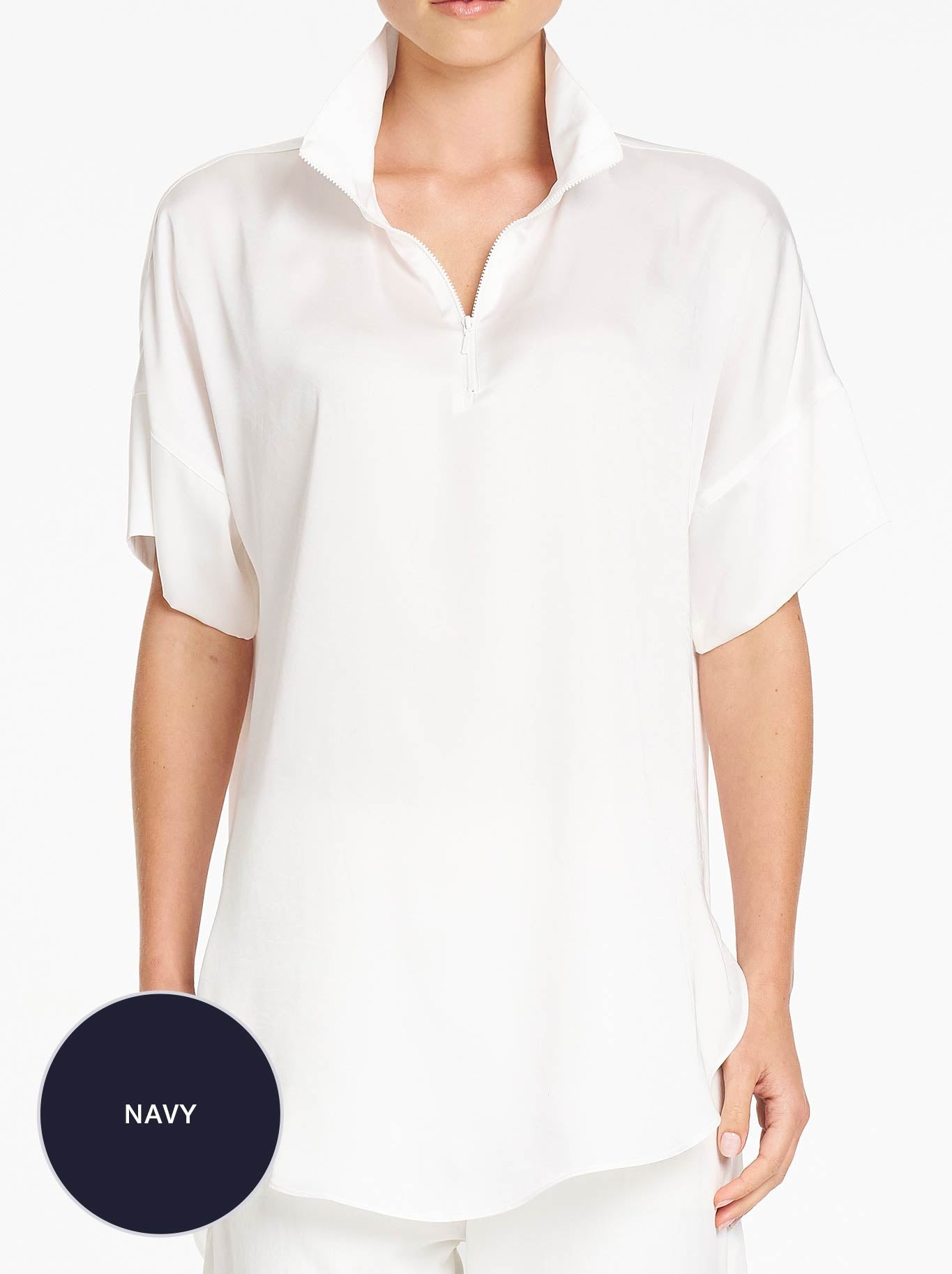 Image of a model wearing Tops. Product name - MELA PURDIE FUNNEL TUNIC in Navy colour by brand - Mela Purdie