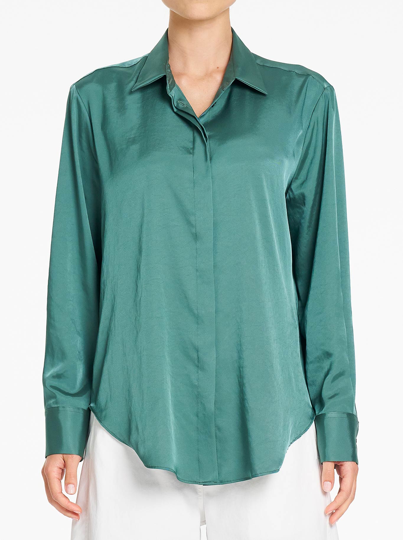 Image of a model wearing Tops. Product name - Mela Purdie Bespoke Shirt in Verdant colour by brand - Mela Purdie