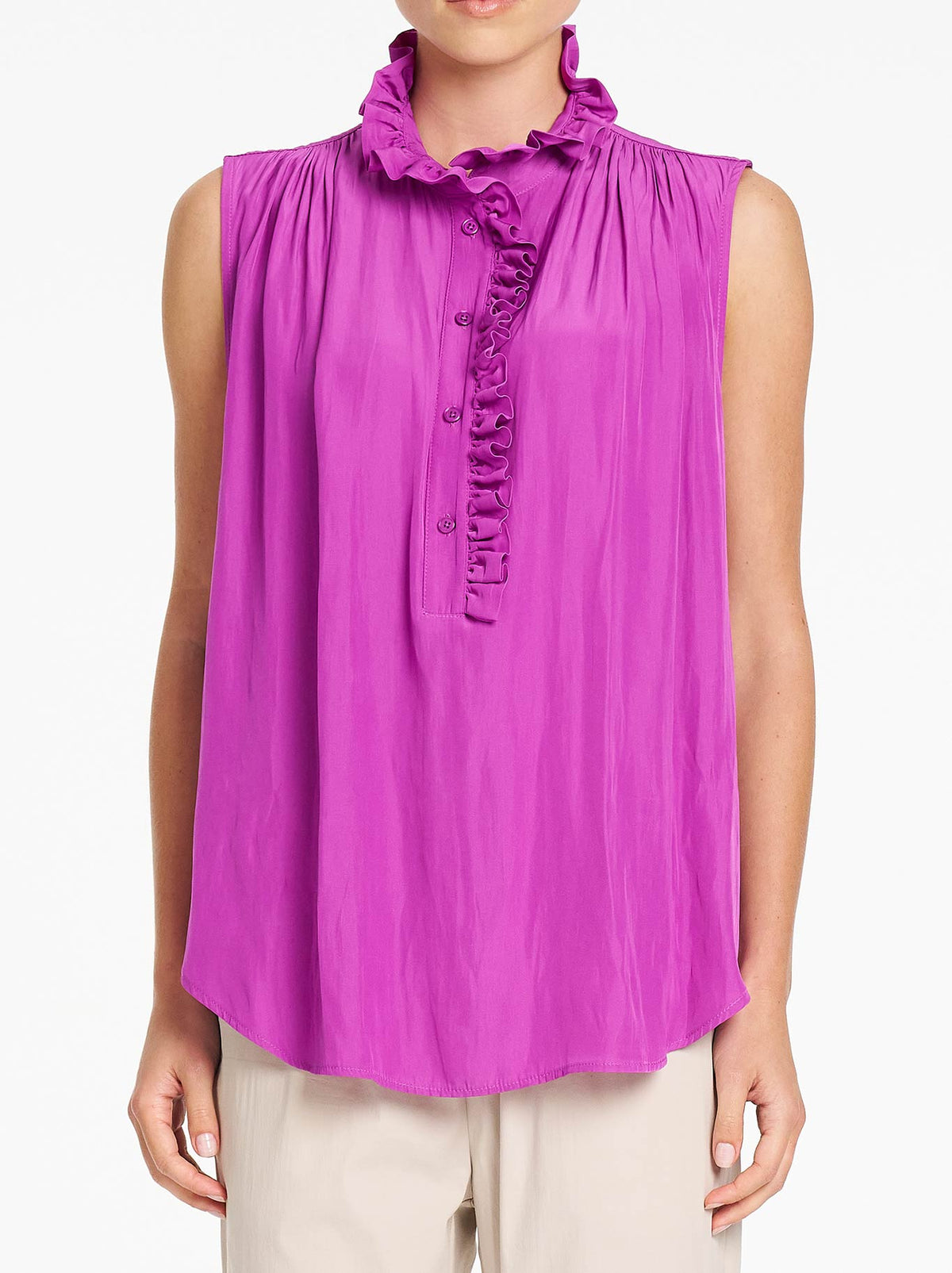 Image of a model wearing Tops. Product name - MELA PURDIE RUFFLET TANK in Dahlia colour by brand - Mela Purdie