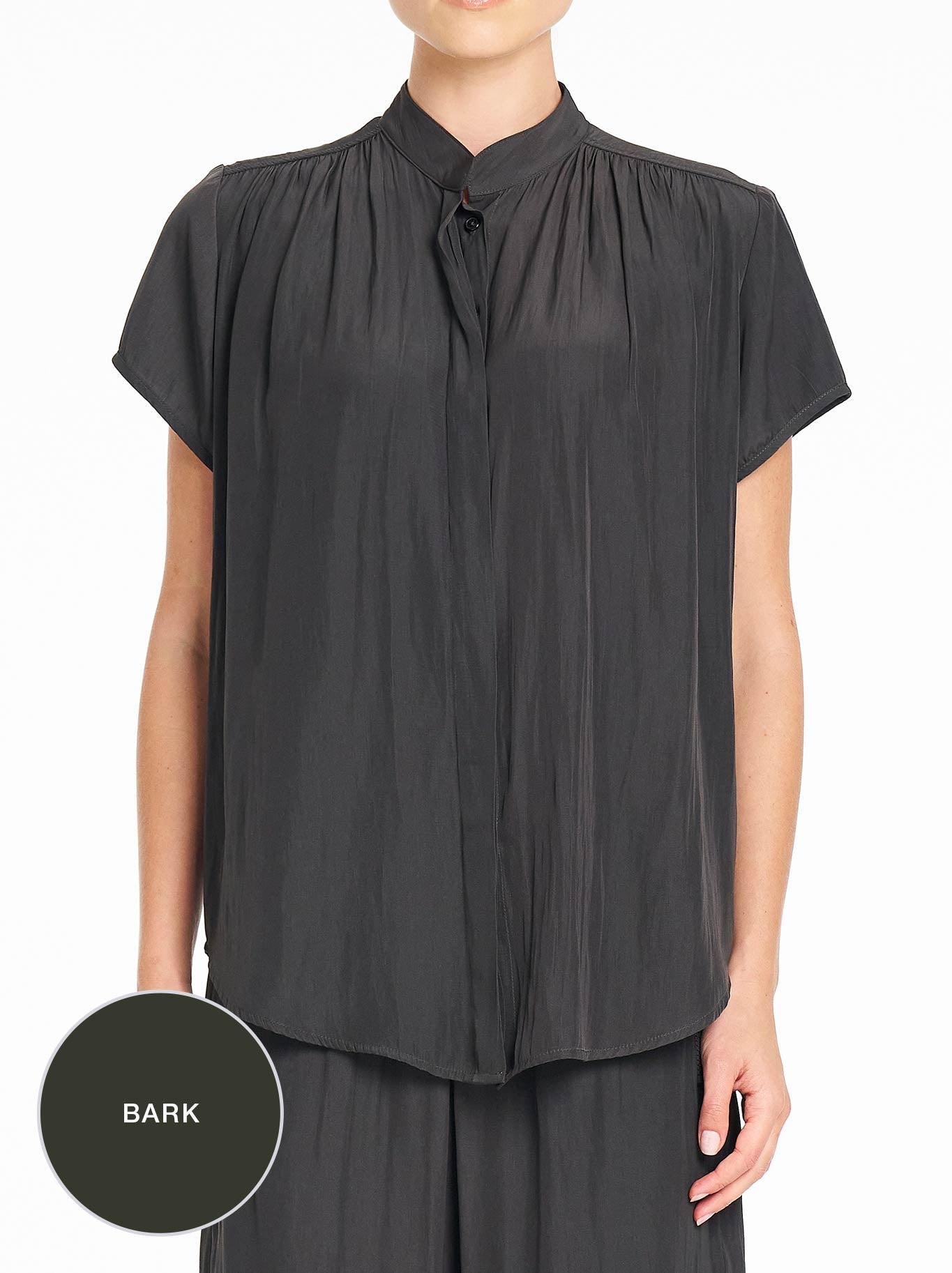Image of a model wearing Tops. Product name - MELA PURDIE SS SOFT BLOUSE in Bark colour by brand - Mela Purdie