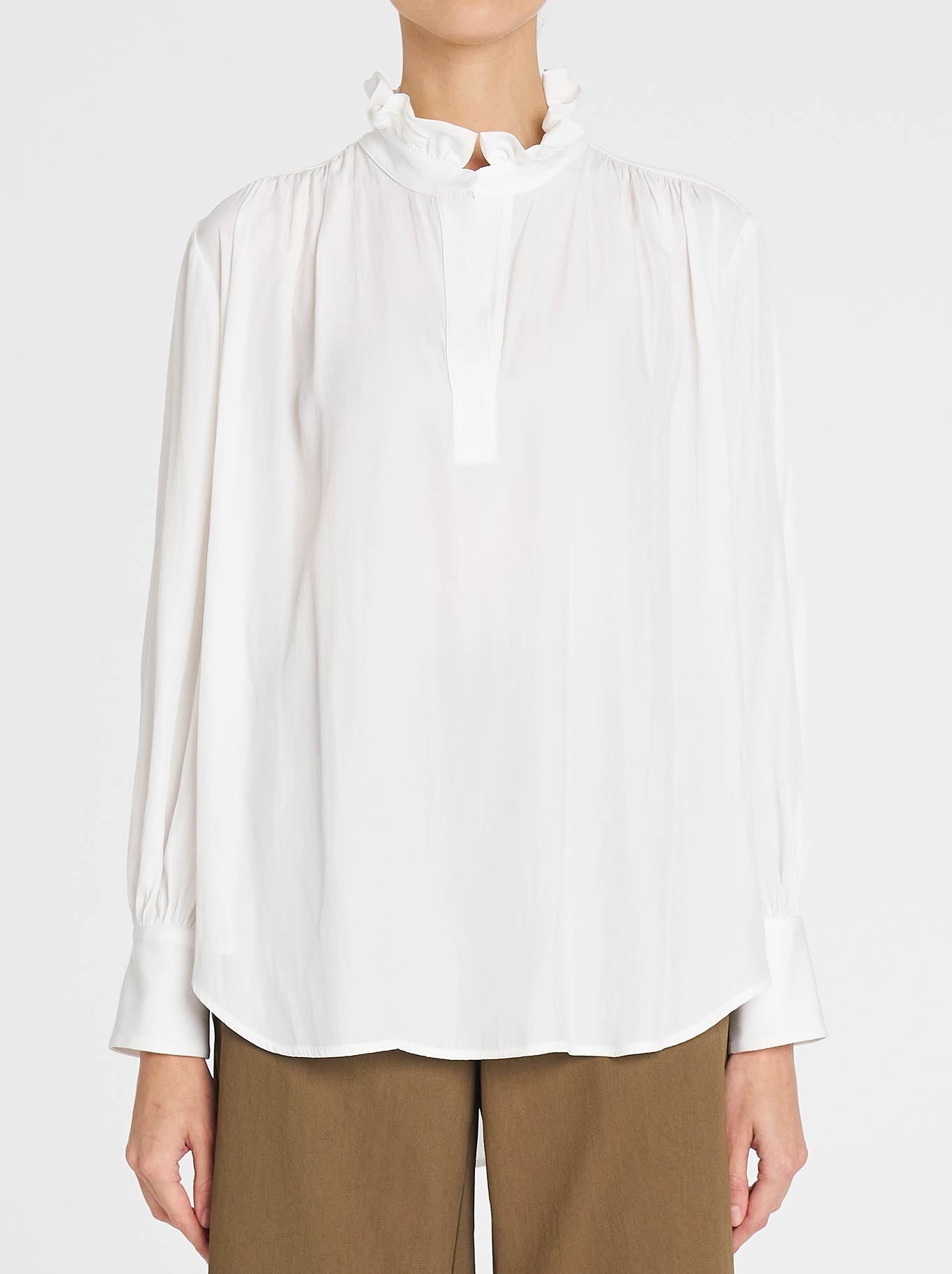 Image of Blouses. Productname: Mela Purdie Frill Neck Blouse in White colour by brand - Mela Purdie