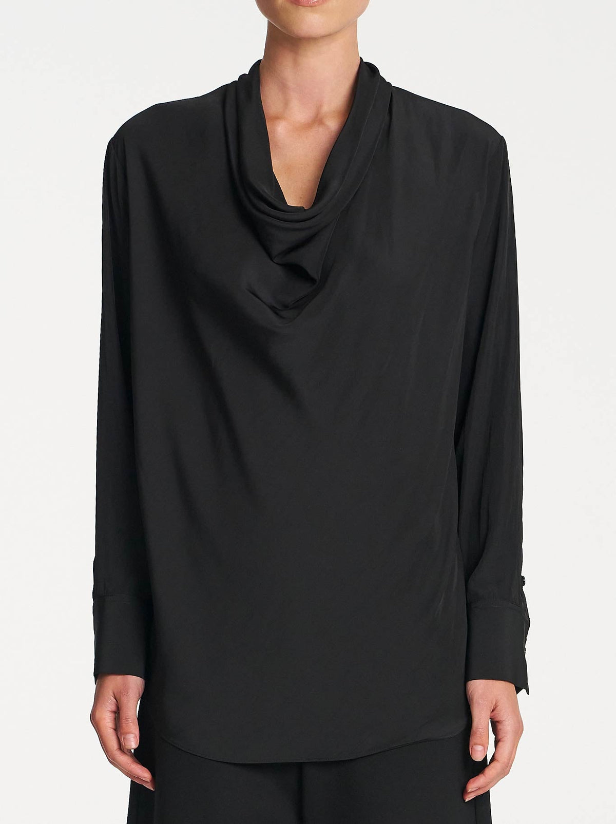Image of a model wearing Tops. Product name - Mela Purdie Scallop Blouse in Black colour by brand - Mela Purdie
