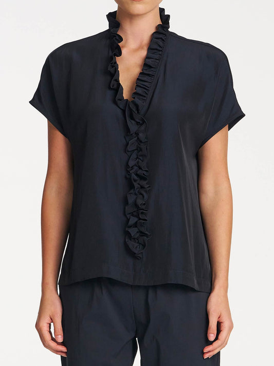 Image of a model wearing Tops. Product name - Mela Purdie Lariat Shell in Navy A colour by brand - Mela Purdie