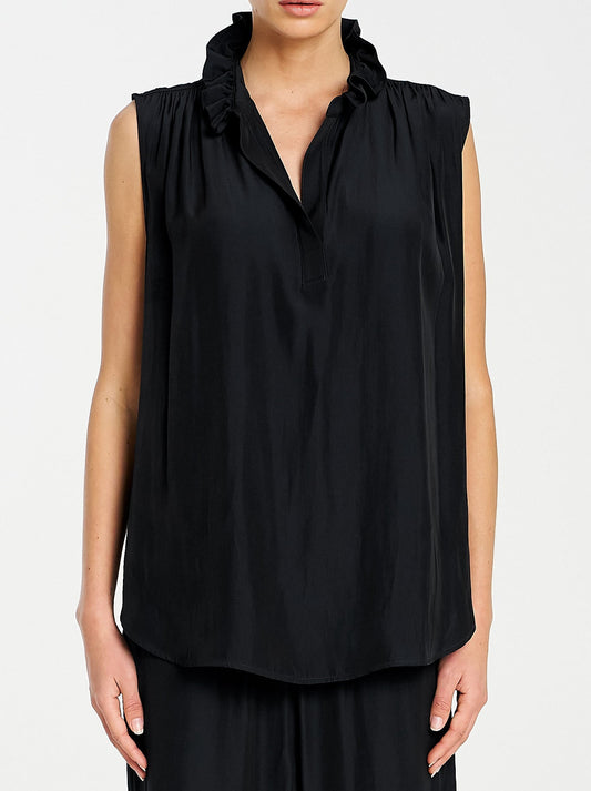 Image of a model wearing Tops. Productname: MELA PURDIE FRILL NECK TANK in Black colour by brand - Mela Purdie