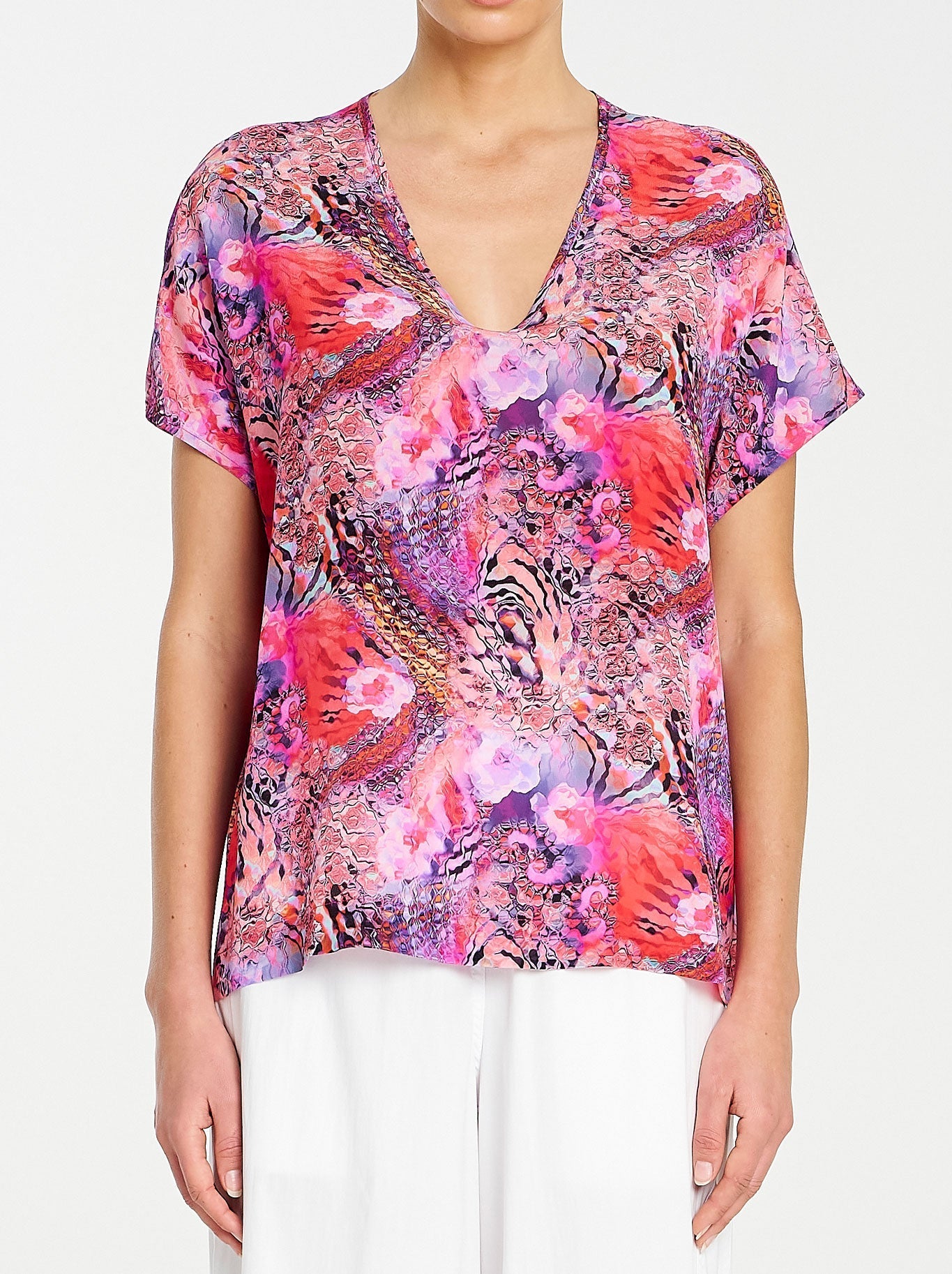 Image of a model wearing Tops. Productname: MELA PURDIE SCOOP SHELL in Kaleidoscope colour by brand - Mela Purdie