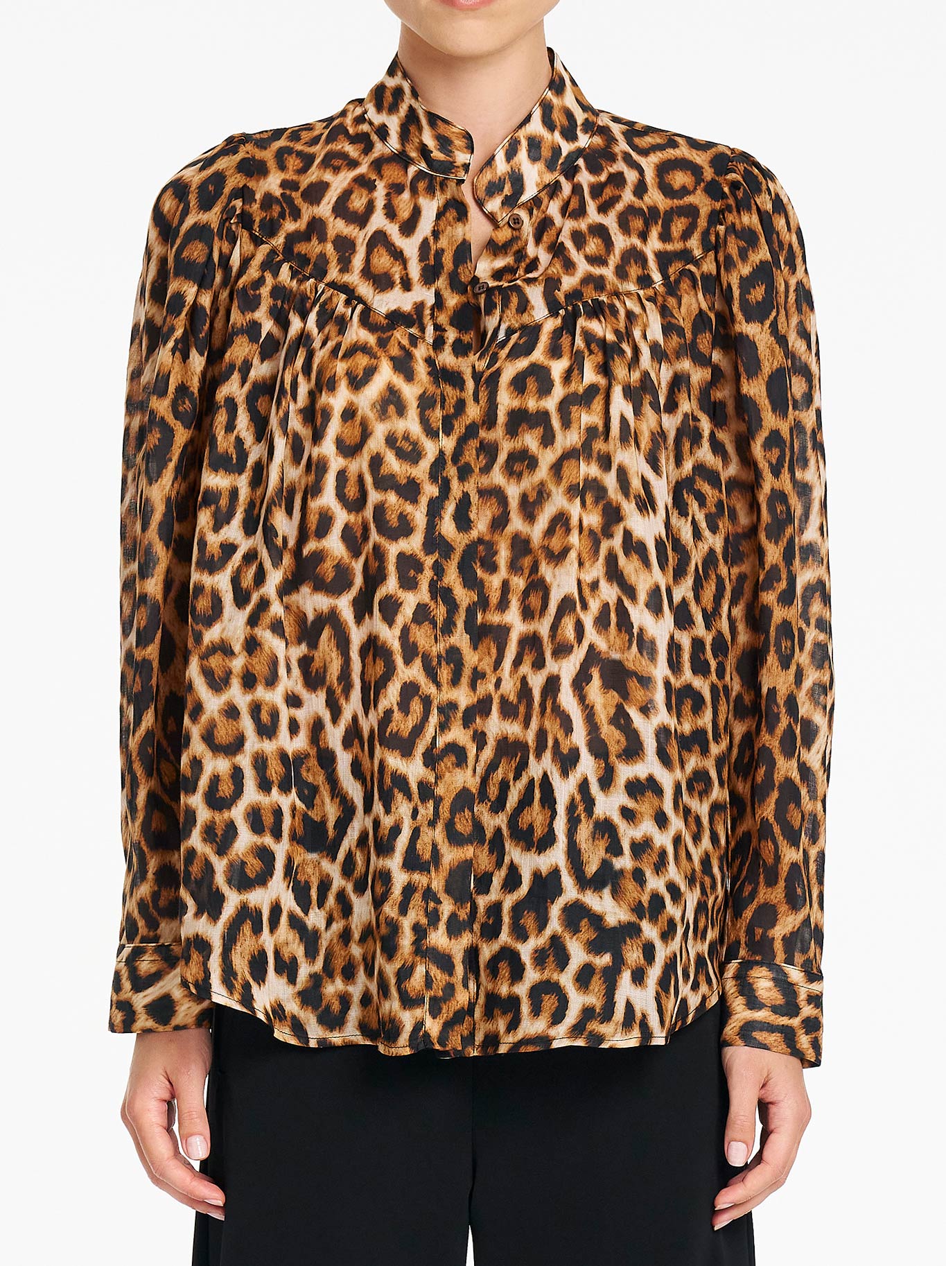 Image of a model wearing Tops. Product name - Mela Purdie Lyric Blouse in Wild Cat colour by brand - Mela Purdie