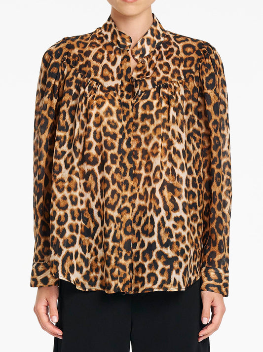 Image of a model wearing Tops. Product name - Mela Purdie Lyric Blouse in Wild Cat colour by brand - Mela Purdie