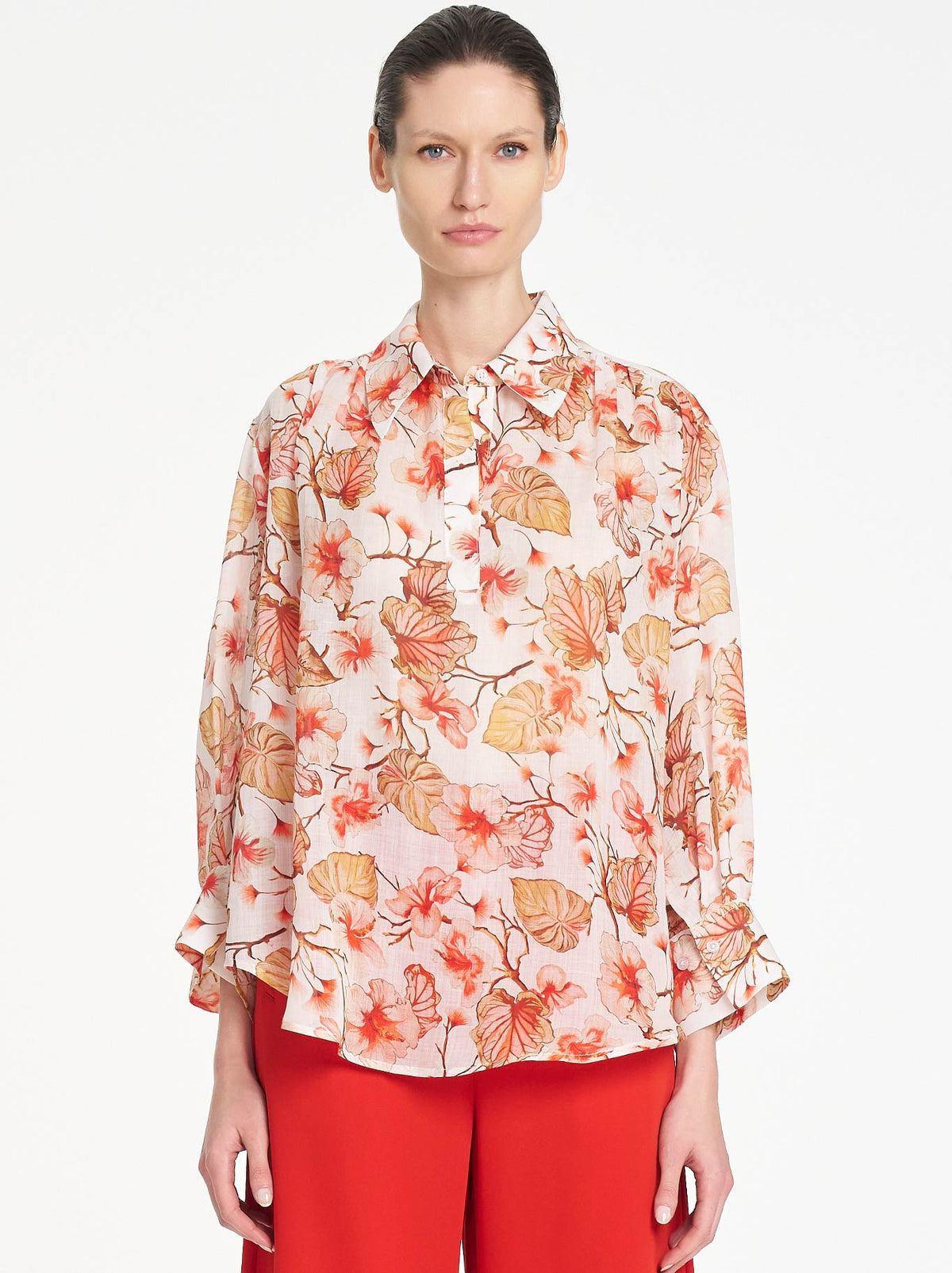 Image of a model wearing Tops. Product name - Mela Purdie Atruim Top in Herbarium colour by brand - Mela Purdie