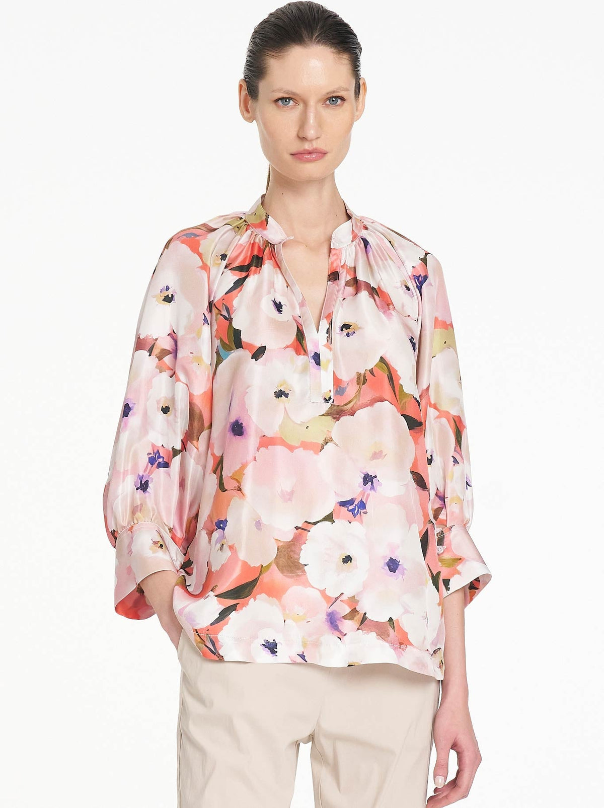 Image of a model wearing Tops. Product name - MELA PURDIE ROMAN SHIRT in Poppy colour by brand - Mela Purdie