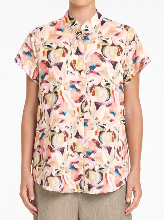 Image of a model wearing Tops. Product name - Mela Purdie Soft Stand Shirt in Cezanne colour by brand - Mela Purdie