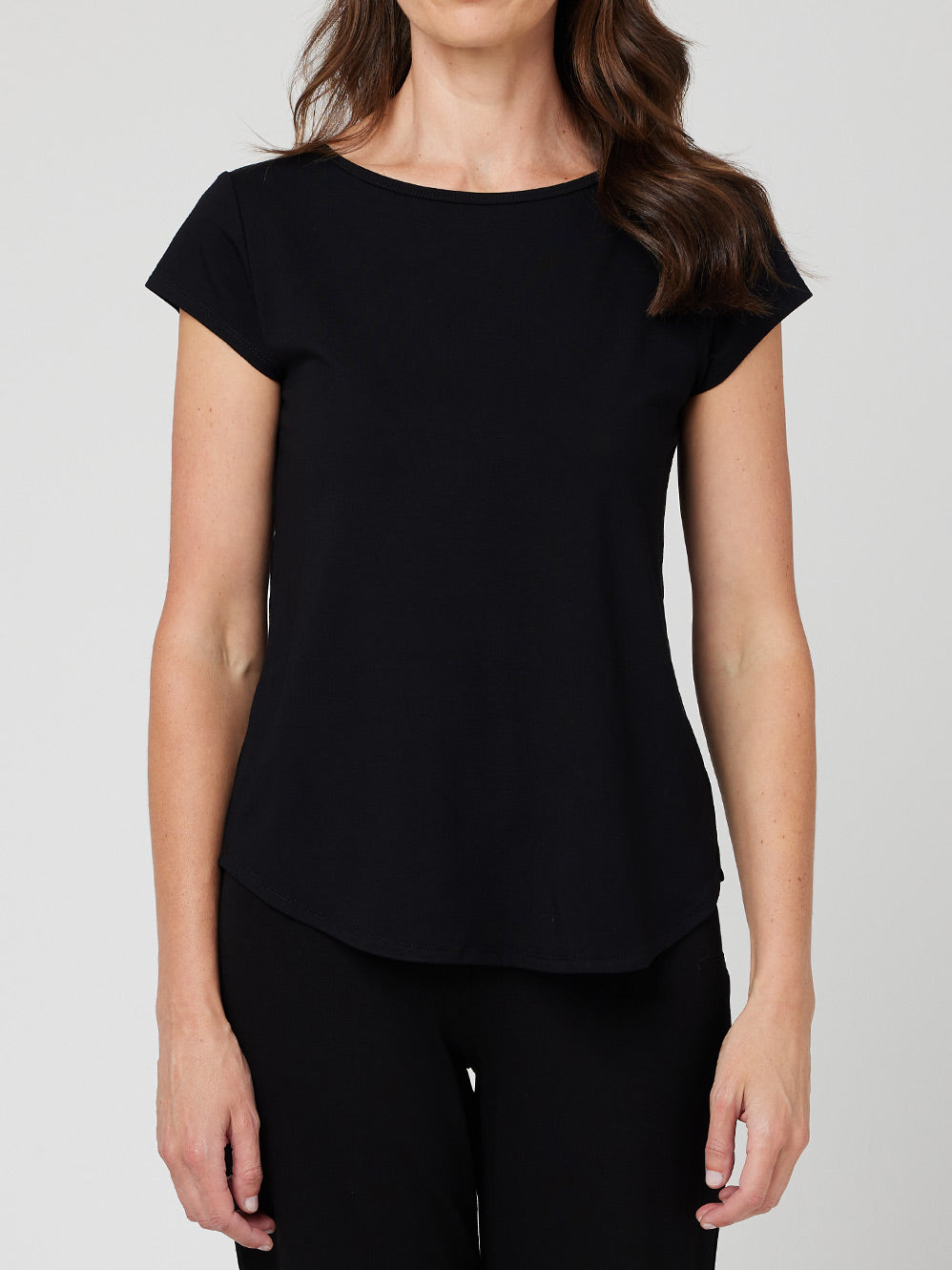 Image of a model wearing Tops. Productname: MELA PURDIE CAFE TEE in Black colour by brand - Mela Purdie