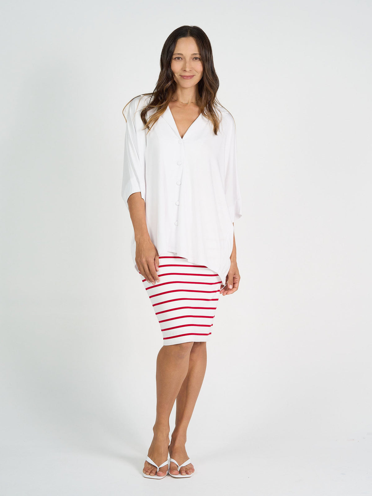 Lou Lou Midi Bamboo Whitney Tube Skirt (Lipstick & White Stripe)