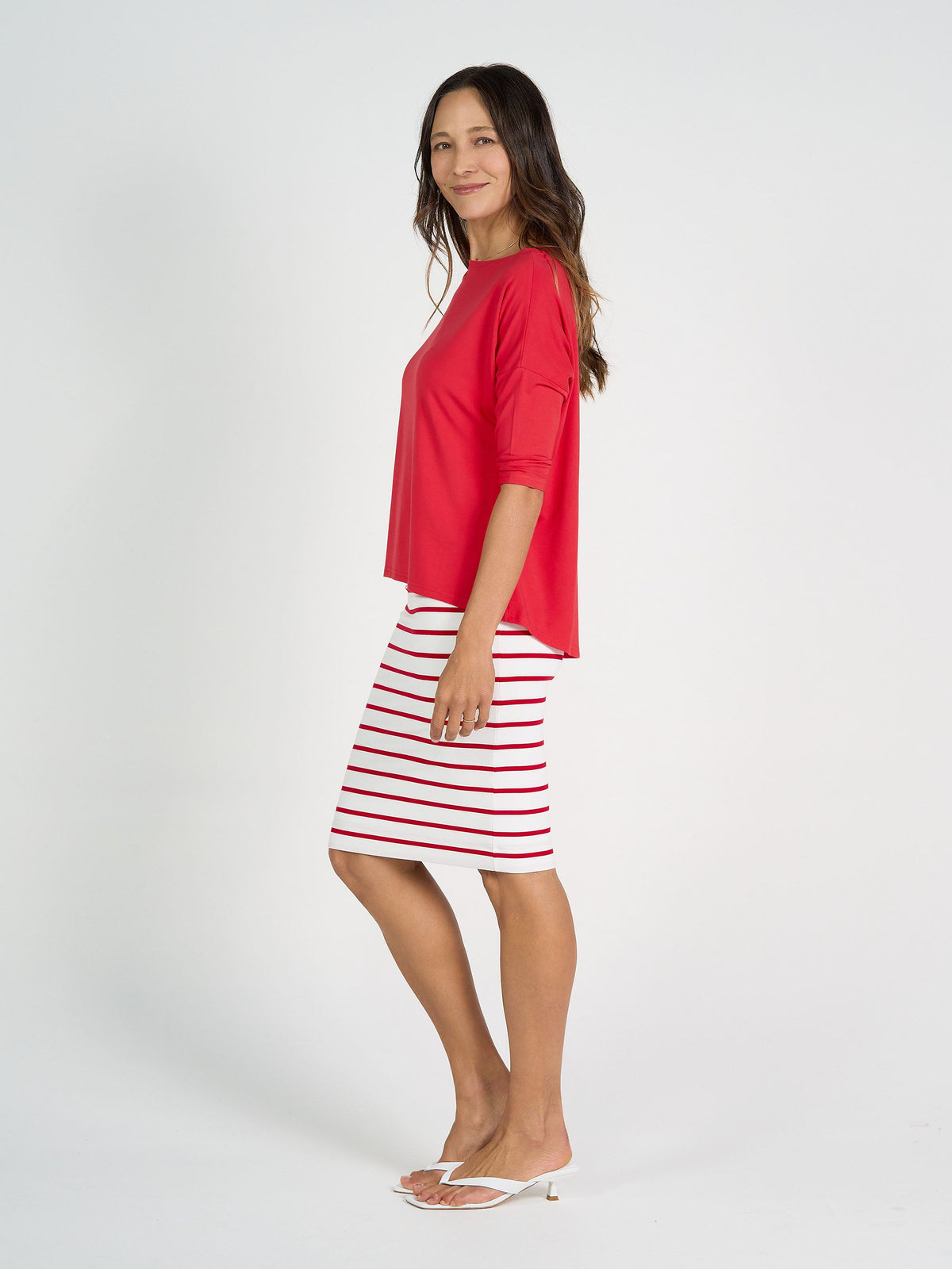 Lou Lou Midi Bamboo Whitney Tube Skirt (Lipstick & White Stripe)