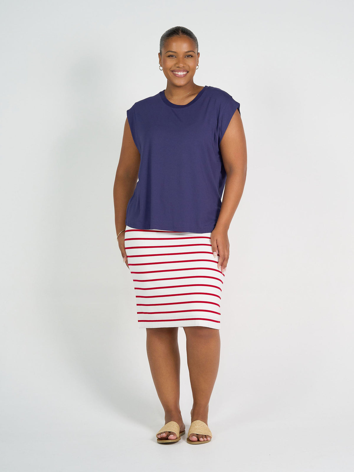 Lou Lou Midi Bamboo Whitney Tube Skirt (Lipstick & White Stripe)