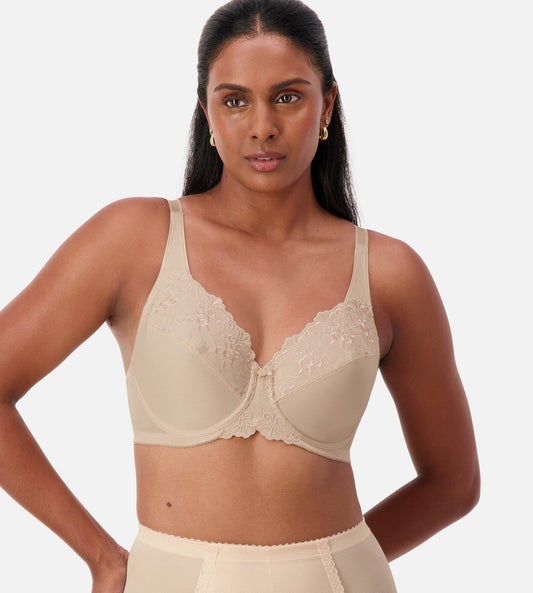 Image of Bras. Productname: Triumph Embroidered Minimiser Bra in Fawn colour by brand - Triumph