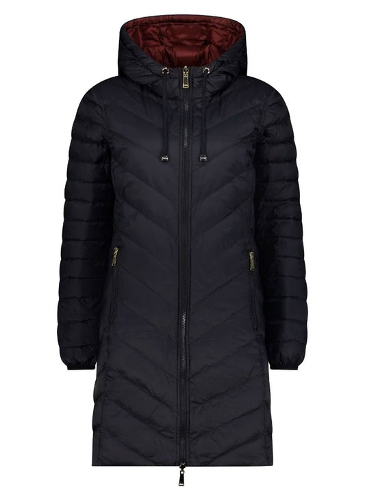 Image of a model wearing Outerwear. Productname: MOKE ARNIE REVERSIBLE PUFFER JACKET in Black/Cabernet colour by brand - Moke