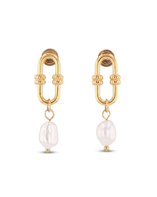 Image of Earrings. Product name - Monaco Gold Pearl Earrings in colour by brand - LAVANA