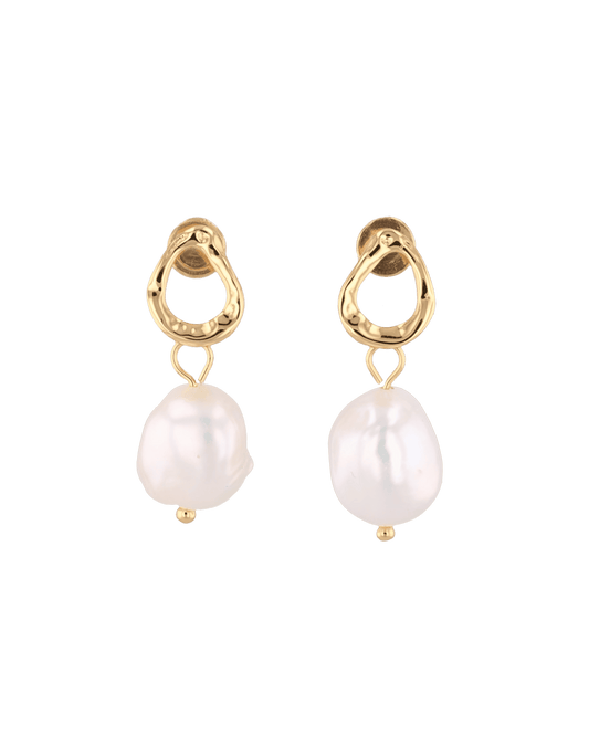 Image of Earrings. Product name - Mondello Gold Pearl Drop Earrings in colour by brand - LAVANA